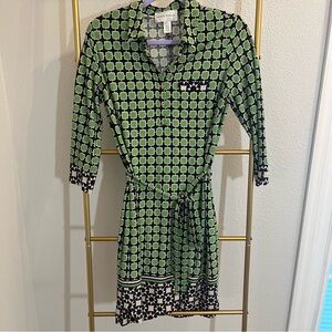 Donna Morgan Green Navy Button Up Collared Geometric Mini Dress Size US …